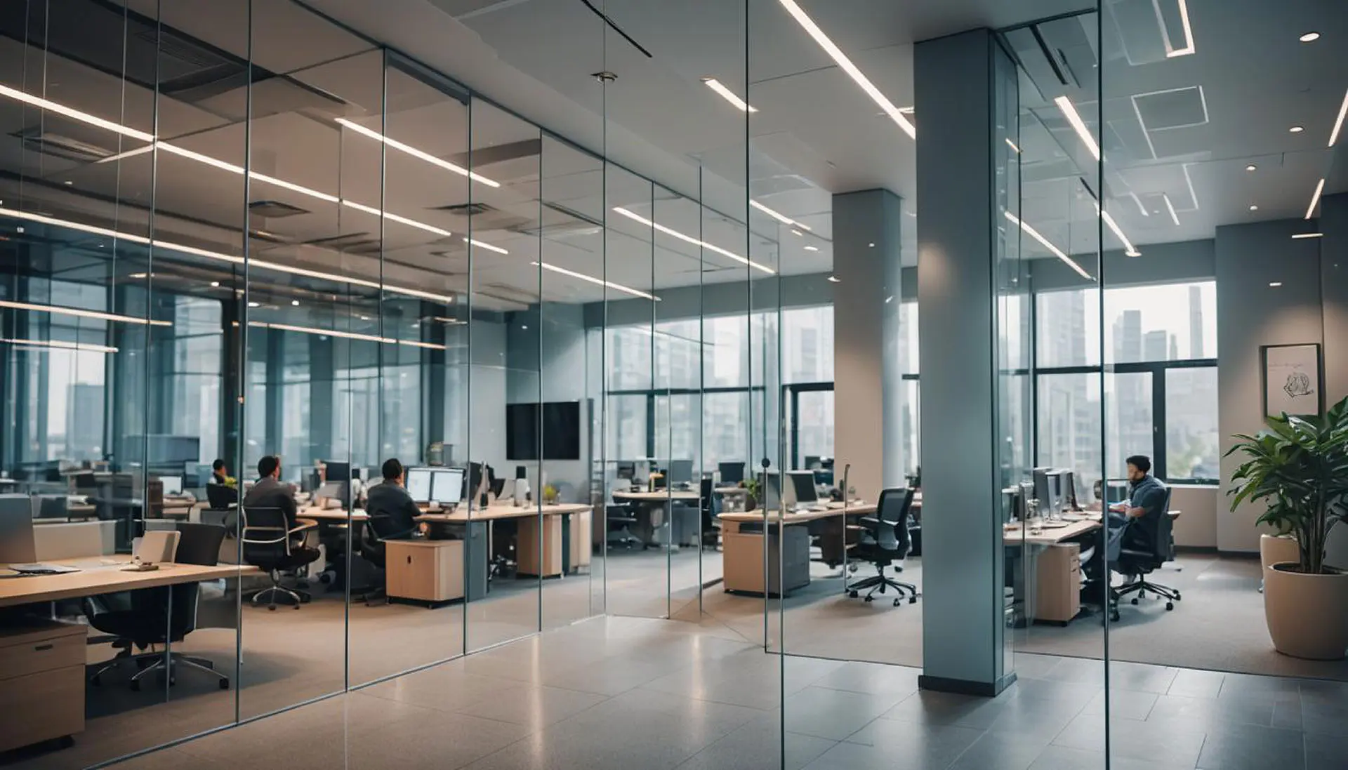 Oficina moderna con estaciones de trabajo y empleados gestionando operaciones en sus computadoras.