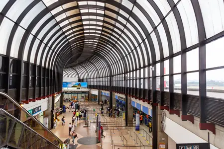 Interior del Aeropuerto Internacional José María Córdova en Medellín, Antioquia, con su icónica estructura de techo curvado. La imagen representa la participación de Seguros Confianza en la construcción y desarrollo de este importante proyecto de infraestructura aeroportuaria en Colombia.